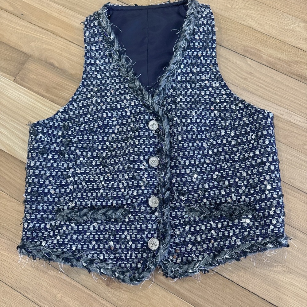 Navy blue tweed vest with fringe details Size S